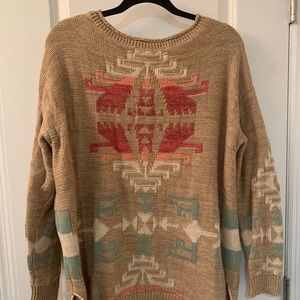 Boho Aztec Pattern Beige Knit Sweater - Women's